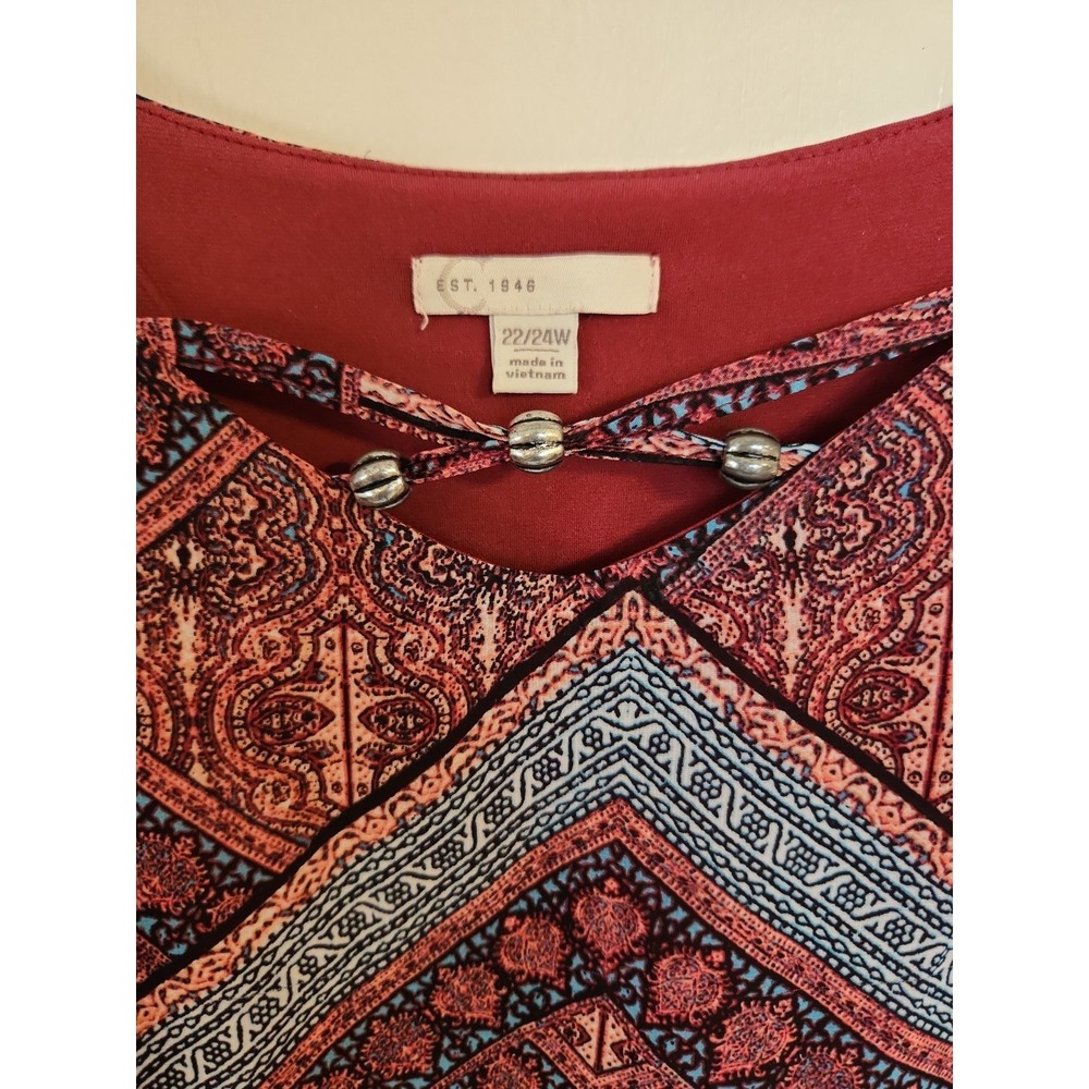 Plus Size Boho Chic Patterned Poncho Top 22/24W Burgundy Geometric Flowy Free - Picture 4 of 16